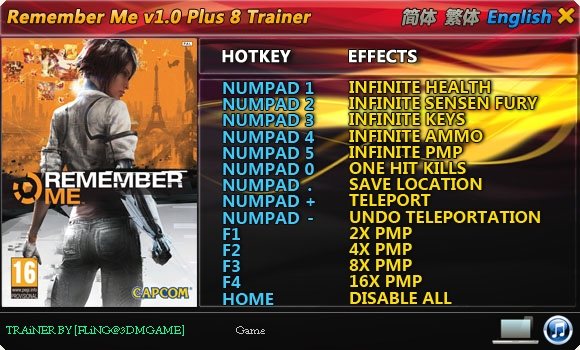 скачать Remember Me: +8 трейнер/Trainer [1.0] {FLiNG}