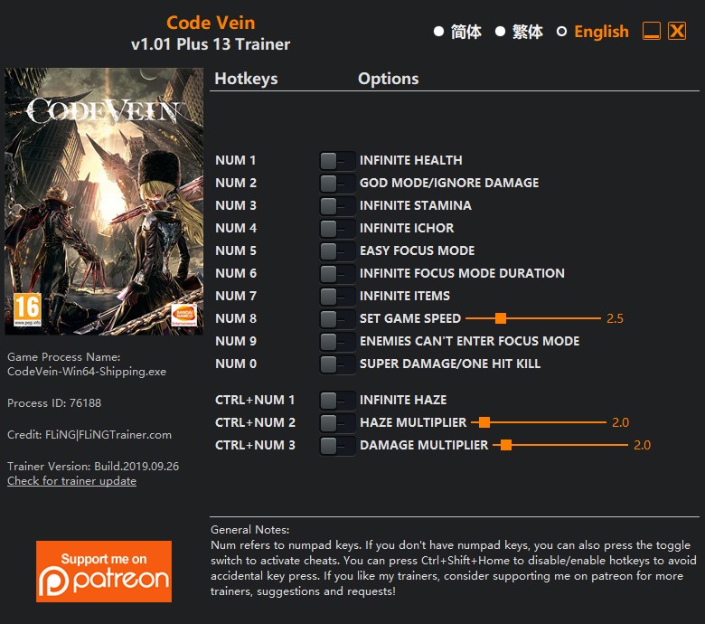скачать Code Vein: +13 трейнер v1.01 {FLiNG}