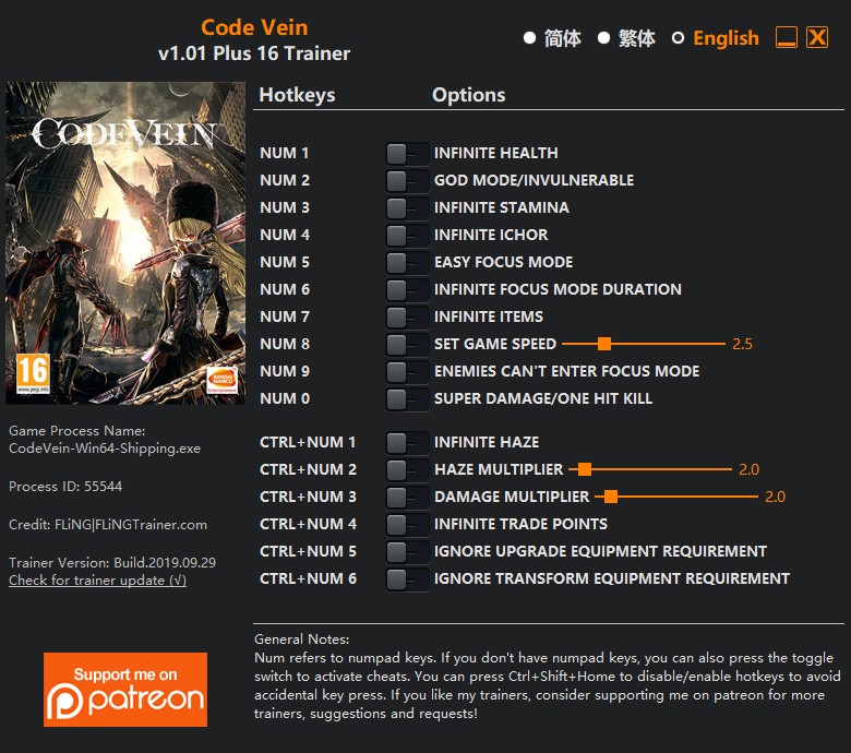 скачать Code Vein: +16 трейнер v1.01 {FLiNG}