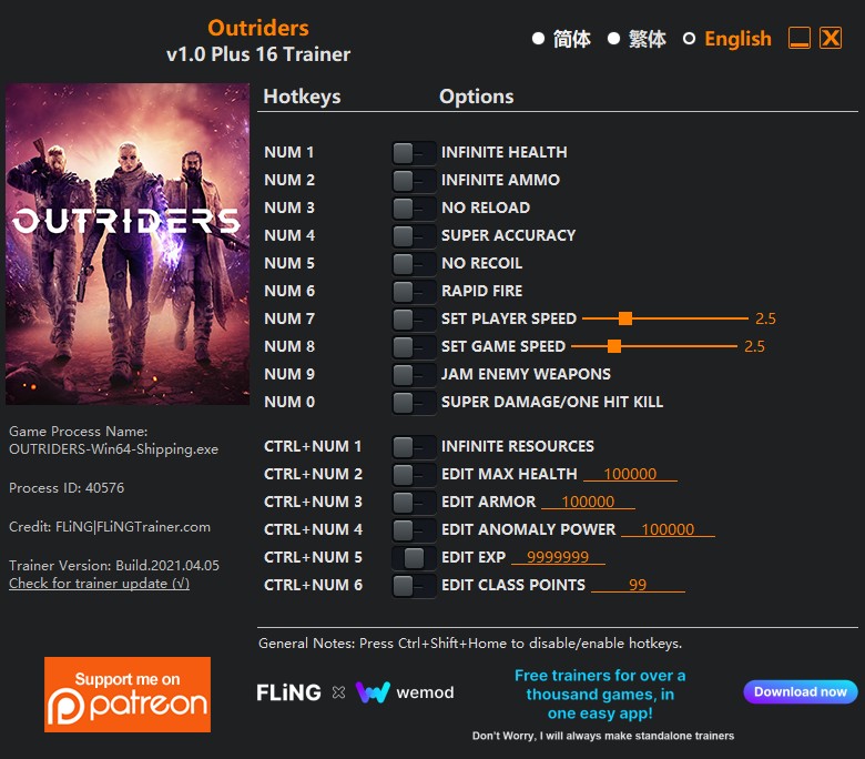 скачать OUTRIDERS: +16 трейнер v1.0 {FLiNG}