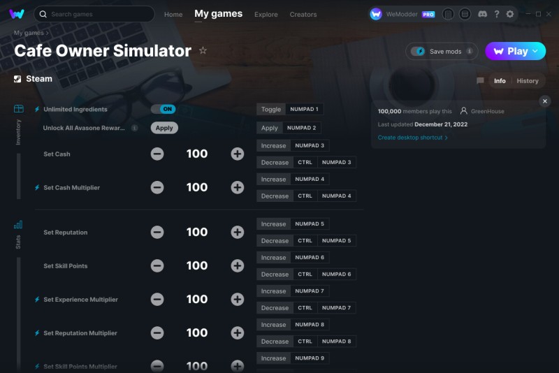 скачать Cafe Owner Simulator: +24 трейнер v21.12.2022 {GreenHouse / WeMod}
