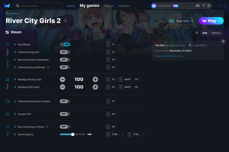 скачать River City Girls 2: +10 трейнер v27.12.2022 {ColonelRVH / WeMod}