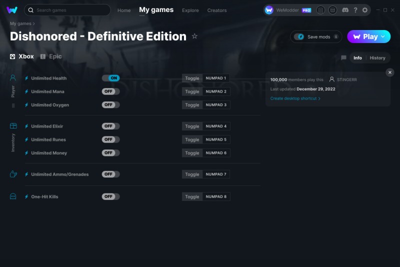 скачать Dishonored - Definitive Edition: +8 трейнер v29.12.2022 {STiNGERR / WeMod}