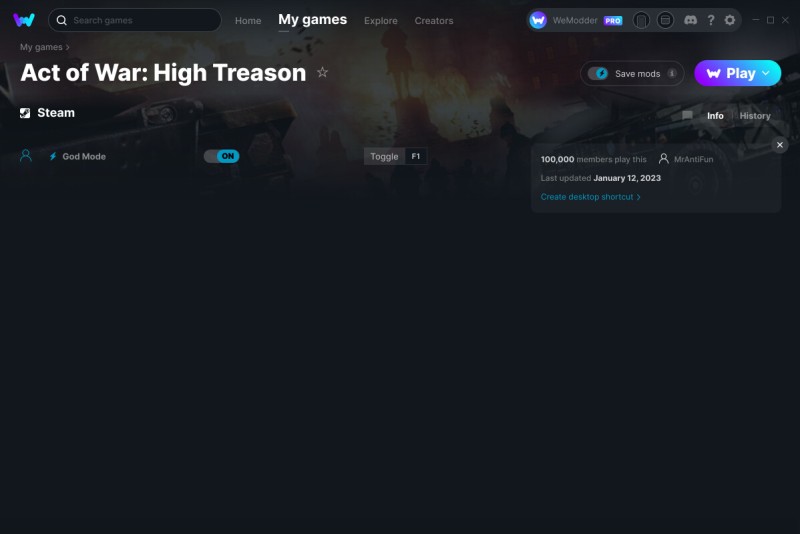 скачать Act of War: High Treason +1 трейнер v13.01.2023 {MrAntiFun / WeMod}