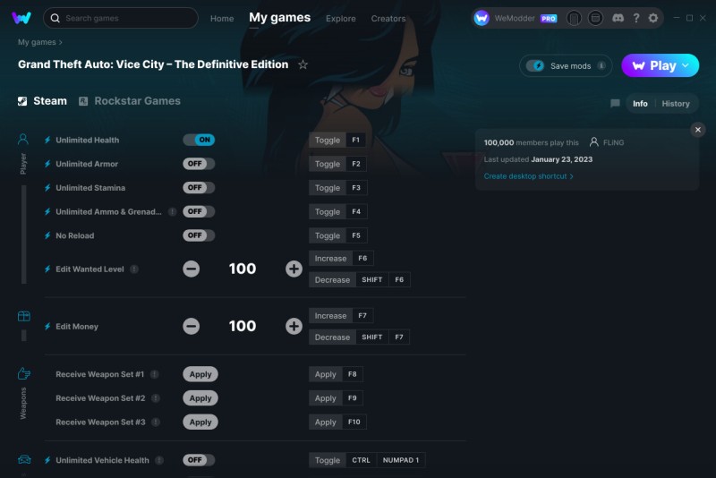 скачать Grand Theft Auto: The Trilogy (GTA: Vice City - The Definitive Edition): Trainer +31 v23.01.2023 {FLiNG / WeMod}