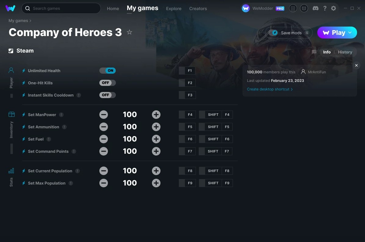 скачать Company of Heroes 3: +9 трейнер v23.02.2023 {MrAntiFun / WeMod}