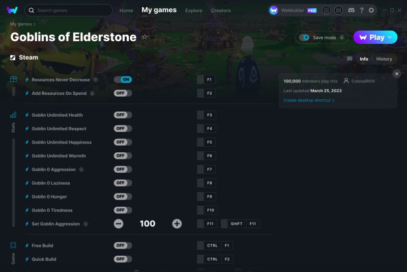 скачать Goblins of Elderstone: +14 трейнер v25.03.2023 {ColonelRVH / WeMod}