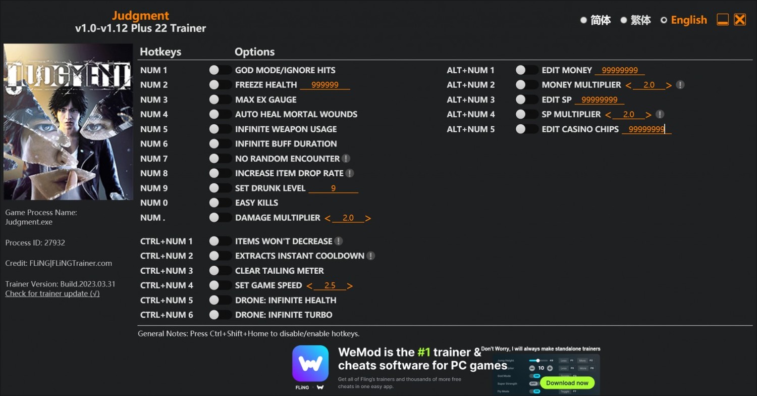 скачать Judgment: +22 трейнер v1.0-v1.12 {FLiNG}