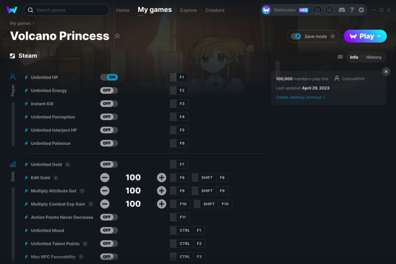 скачать Volcano Princess: +20 трейнер v29.04.2023 {ColonelRVH / WeMod}