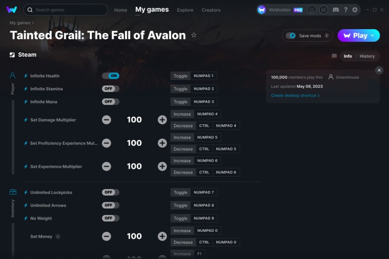скачать Tainted Grail: The Fall of Avalon +24 трейнер v06.05.2023 {GreenHouse / WeMod}