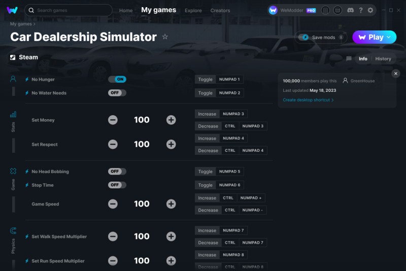 скачать Car Dealership Simulator: +10 трейнер v18.05.2023 {GreenHouse / WeMod}