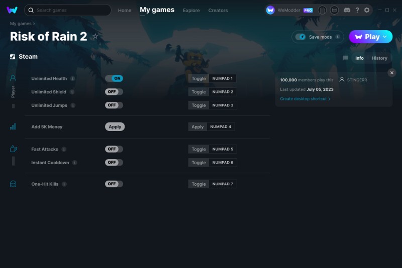 скачать Risk of Rain 2: +7 трейнер v05.07.2023 {STiNGERR / WeMod}