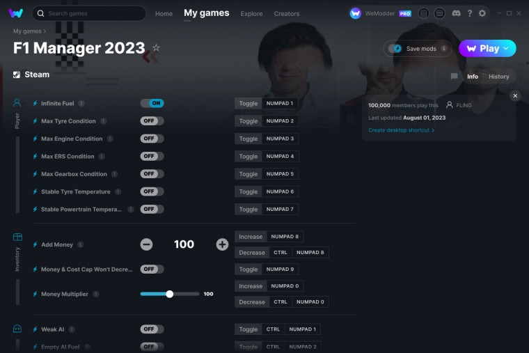 скачать F1 Manager 2023: +13 трейнер v01.07.2023 {FLiNG / WeMod}
